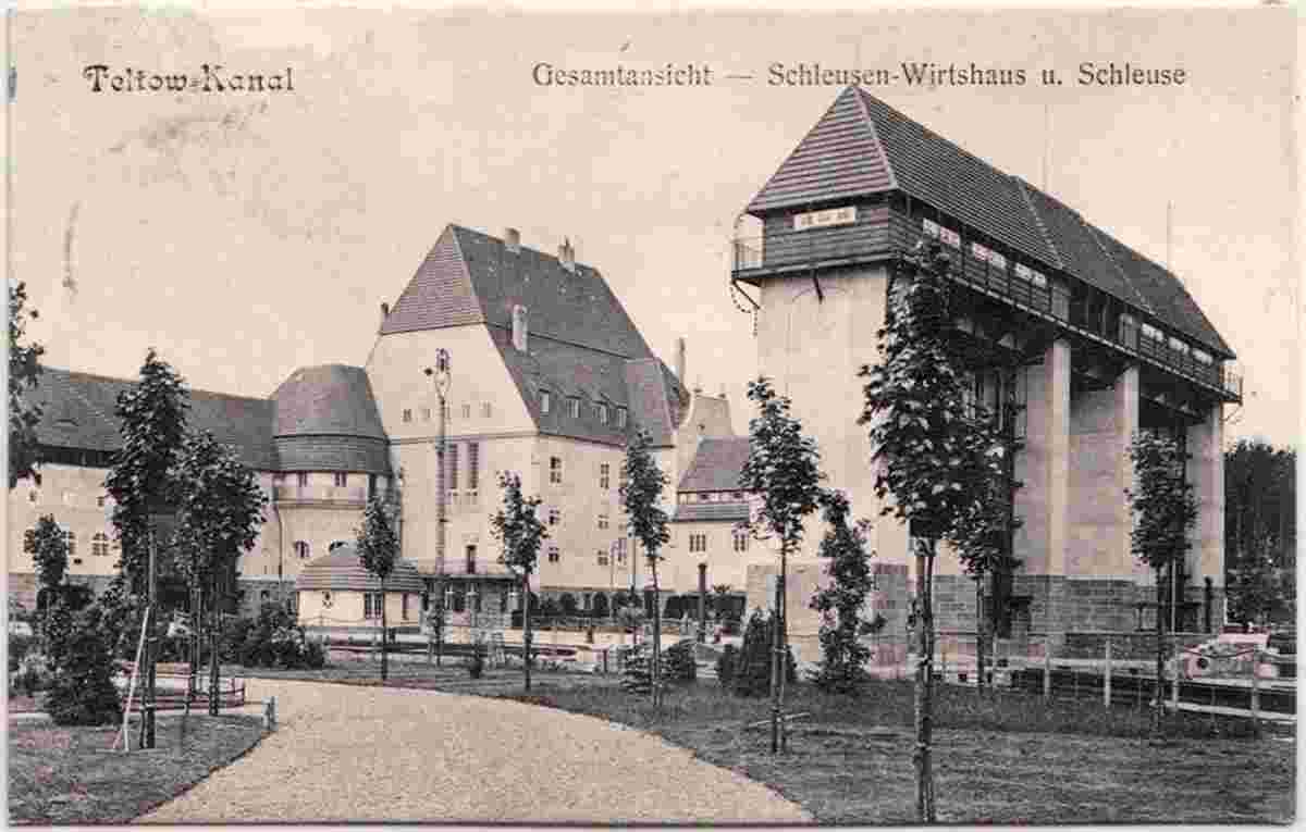 Teltow. Teltowkanal, Gesamtansicht - Schleusen-Wirtshaus und Schleuse