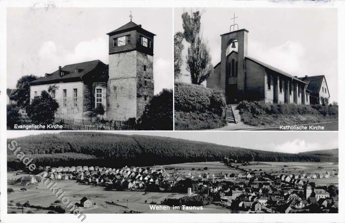 Taunusstein. Wehen - Blick auf zwei Kirchen, Evangelische und Katholische, 1960