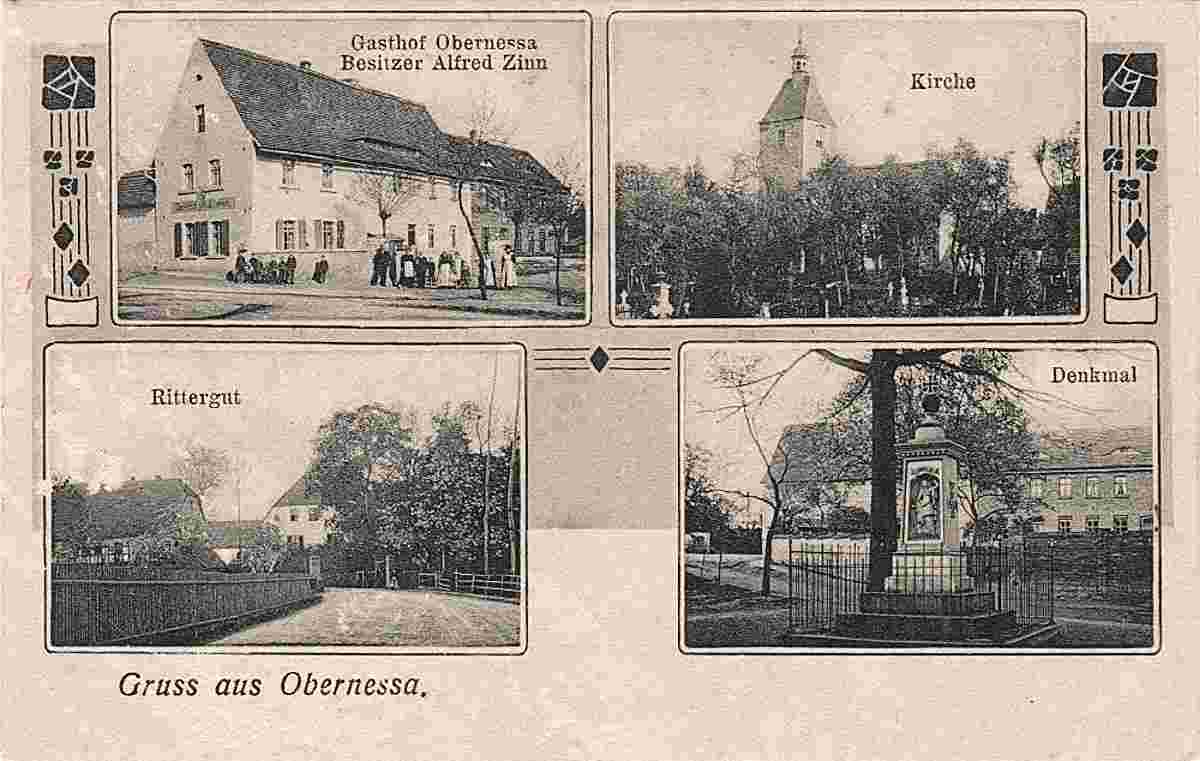 Teuchern. Obernessa - Gasthof von Alfred Zinn, Kirche, Rittergut, Denkmal