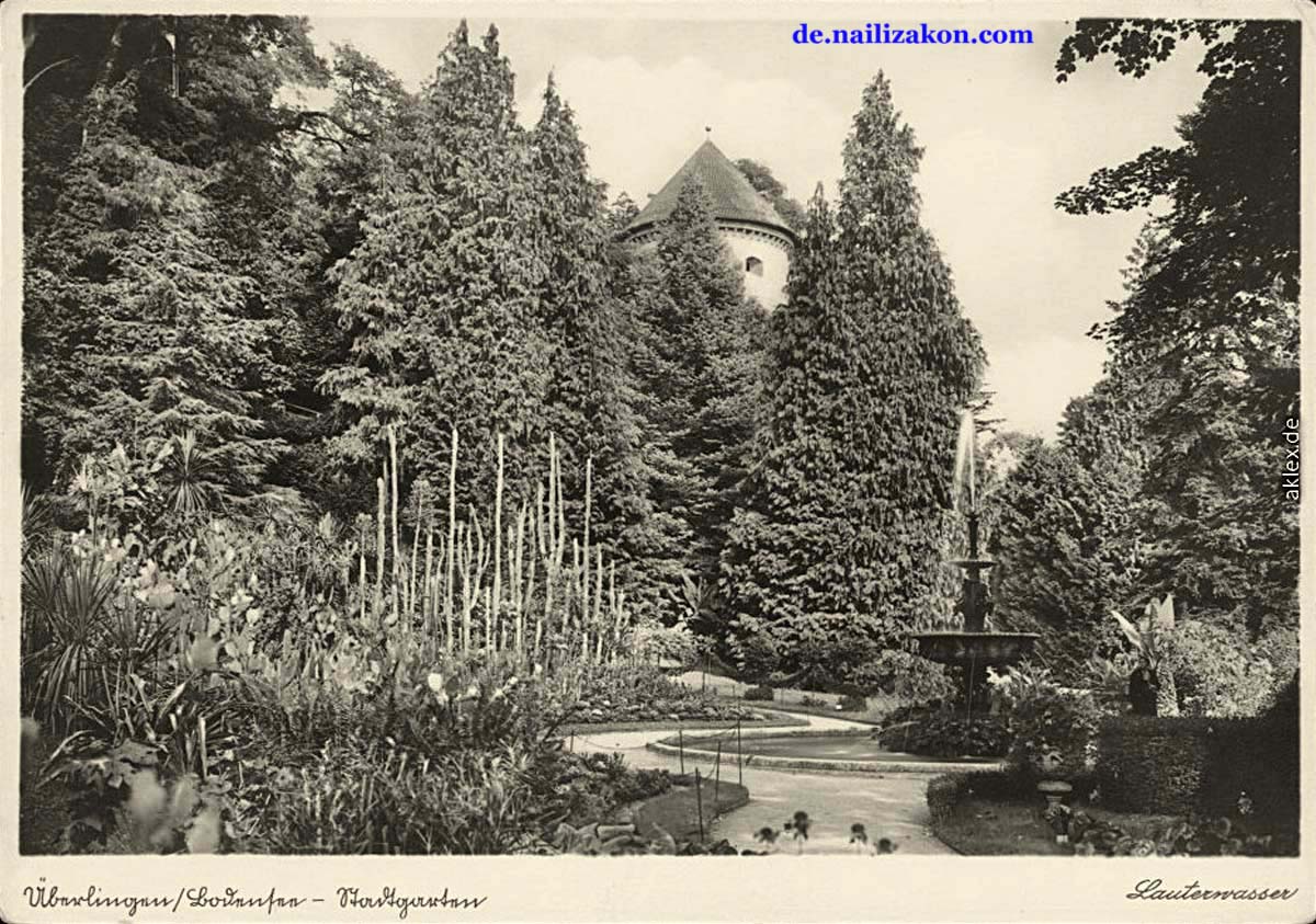 Überlingen. Gallerturm, Gartenanlage mit Springbrunnen, 1930