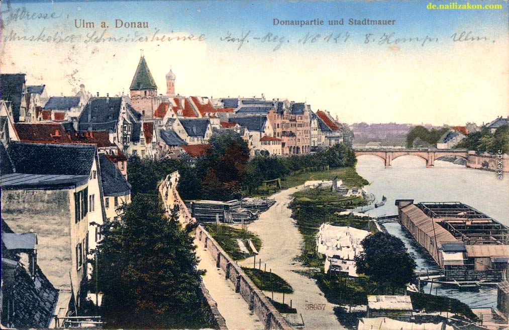 Ulm. Stadtmauer, Donau mit flussbadeanstalt, 1911
