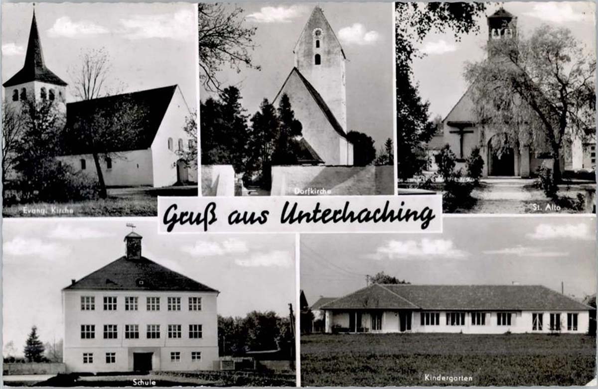 Unterhaching. Evangelische Kirche, Dorfkirche, Schule und Kindergarten