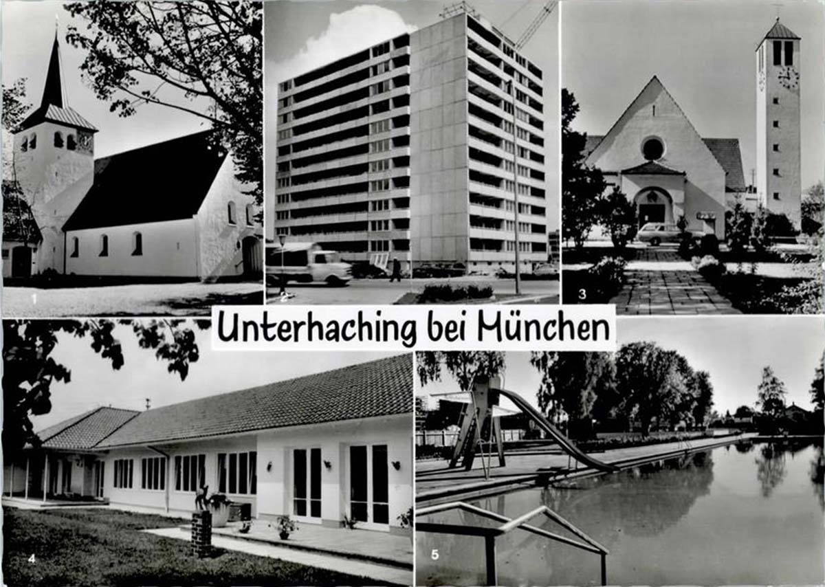 Unterhaching. Heilandkirche, Katholische Pfarrkirche St Alto, Kindergarten, Schwimmbad