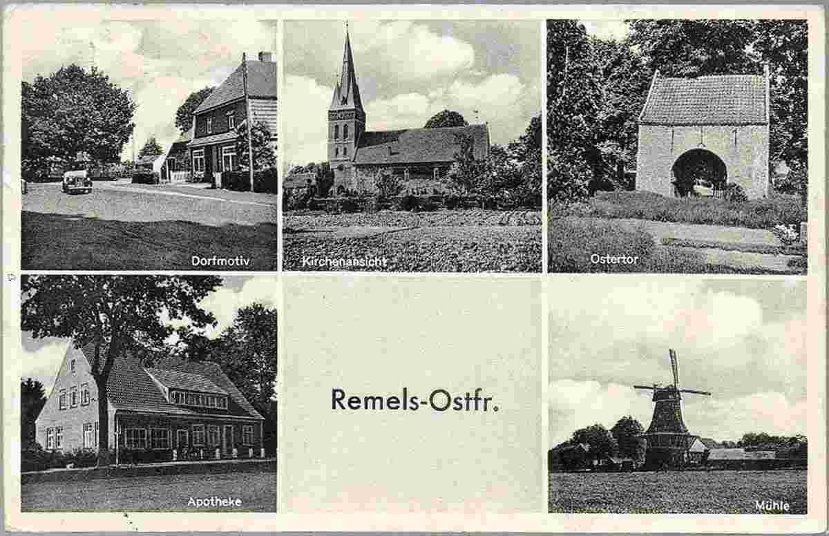 Uplengen. Remels - Kirche, Ostertor, Apotheke, Mühle, 1952
