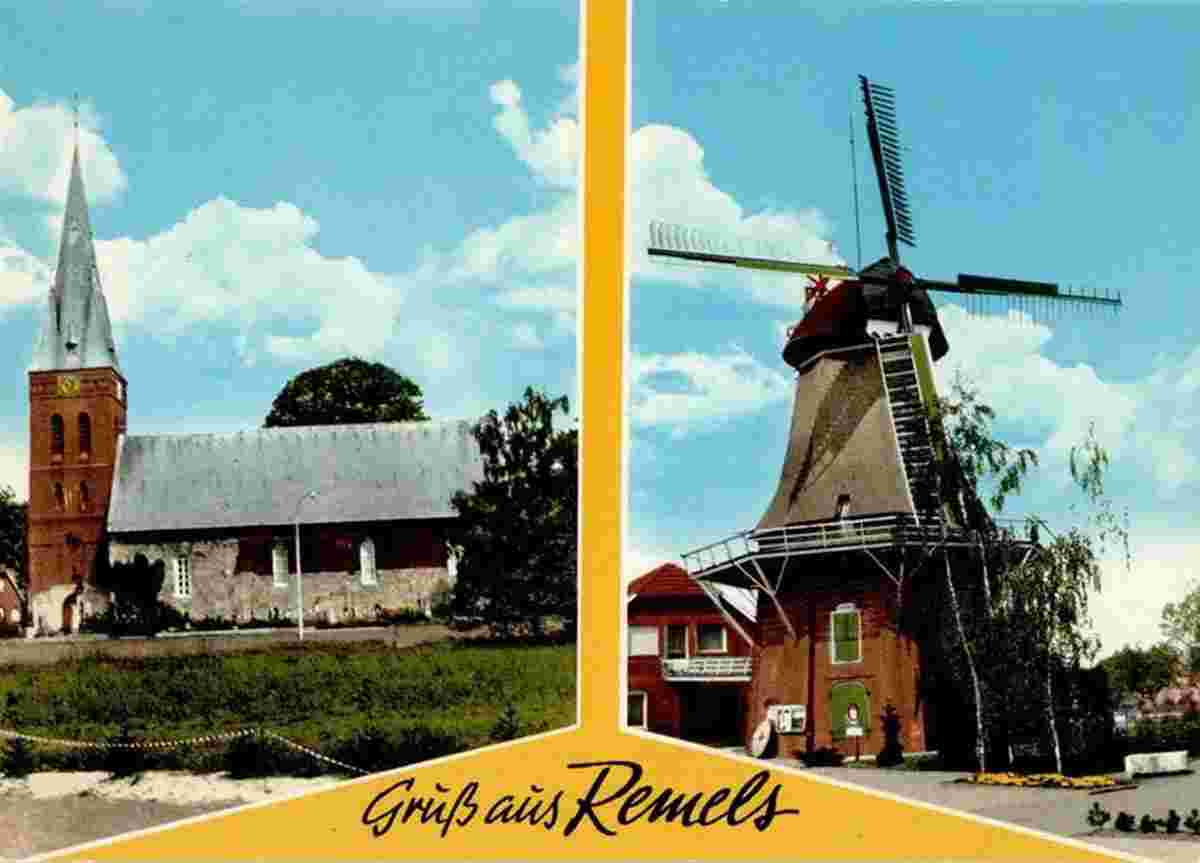 Uplengen. Remels - Kirche und Windmühle