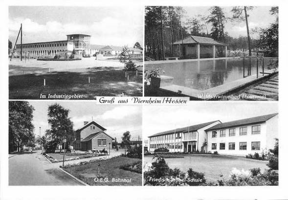 Viernheim. Schwimmbad, O.E.G. Bahnhof und Friedrich-Fröbel-Schule