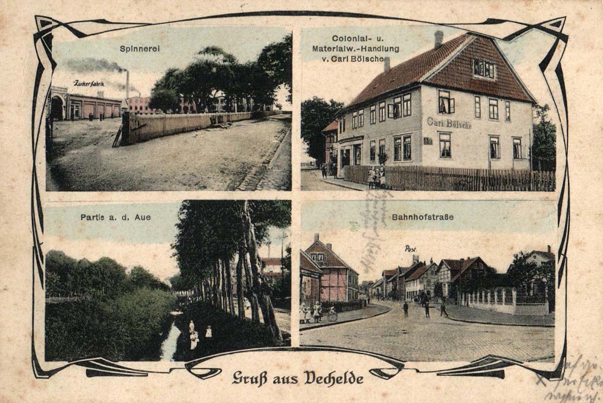 Vechelde. Spinnerei, Post am Bahnhofstraße, Kolonialwaren von Carl Bölsche, 1913