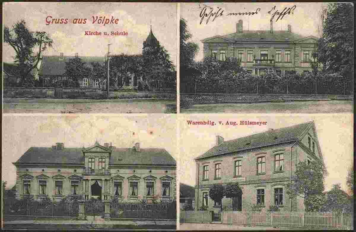 Völpke. Kirche, Schule, Warenhandlung von August Hülsmeyer, 1906