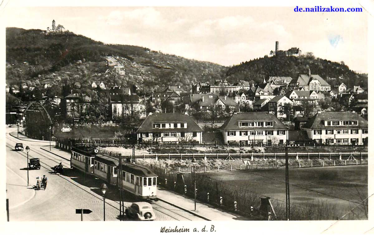 Weinheim. Panorama von Brücke und Tram, 1911