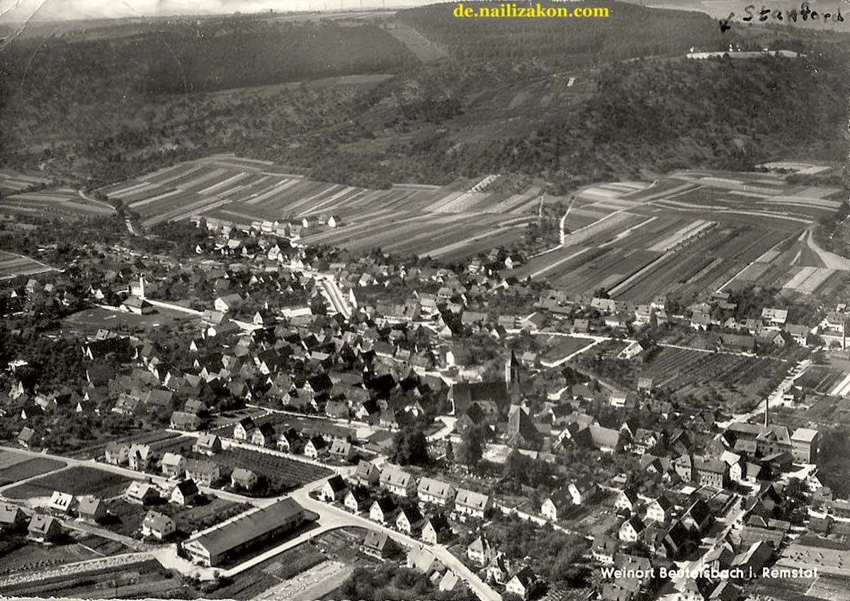 Weinstadt. Panorama der Stadt, Luftbild, 1959