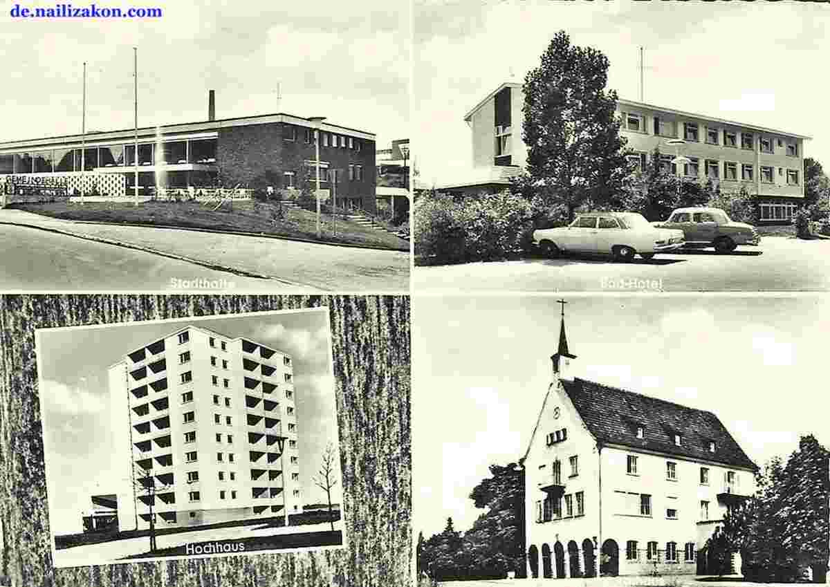 Wernau. Stadthalle, Bad-Hotel, Hochhaus und Kirche