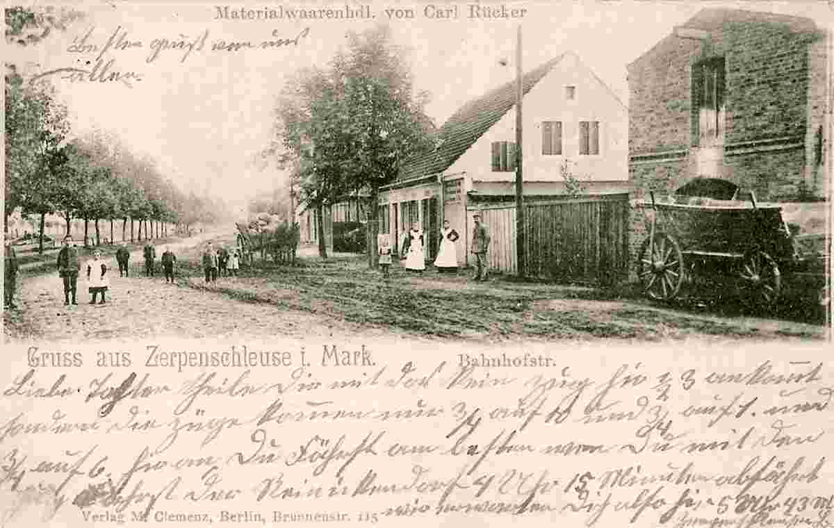 Wandlitz. Zerpenschleuse - Materialwarenhandlung von Carl Rücker am Bahnhofstraße, 1902
