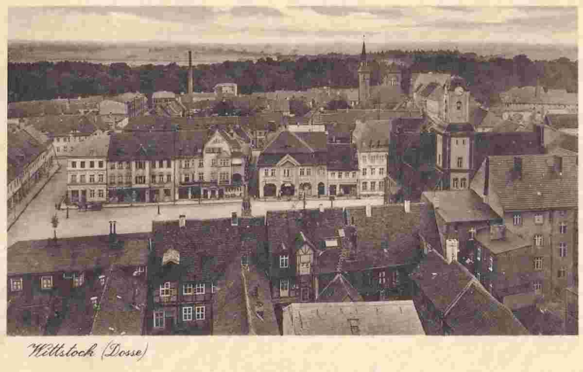 Wittstock. Panorama Vogelschau - Marktplatz mit Buchdruckerei, Papierhandlung, Kaisers kaffee, 1937