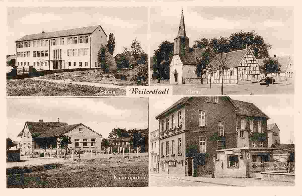 Weiterstadt. Schule, Kirche, Kindergarten, Rathaus