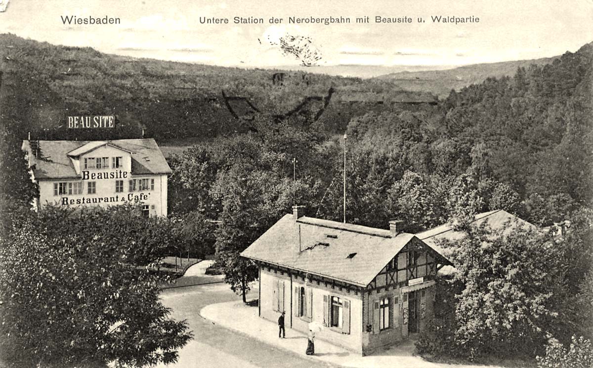 Wiesbaden. Untere Station der Nerobergbahn mit Beausite, 1910