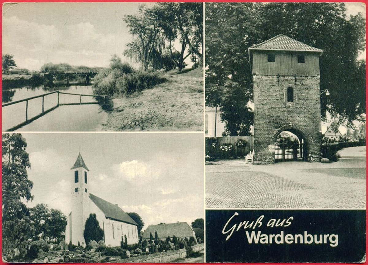 Wardenburg. Brücke, Kirche und Turm mit Tor