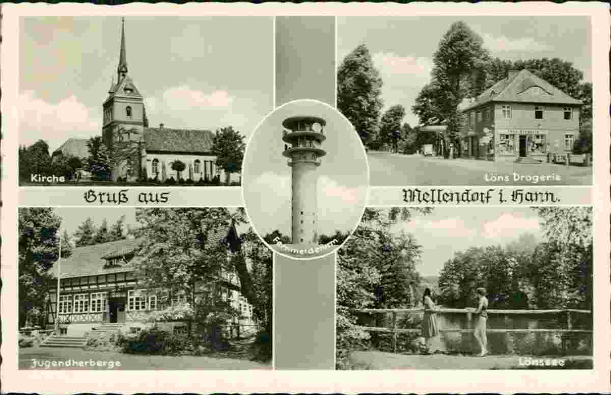 Wedemark. Mellendorf - Fernmeldeturm, Kirche, Löns Drogerie und Jugendherberge, Lönssee, 1959