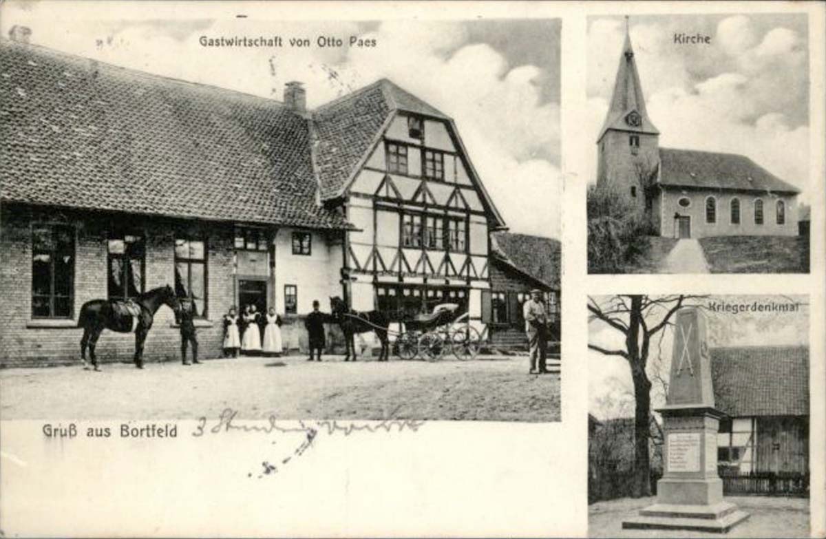 Wendeburg. Bortfeld - Gastwirtschaft Otto Paes, Kirche, Kriegerdenkmal, 1903