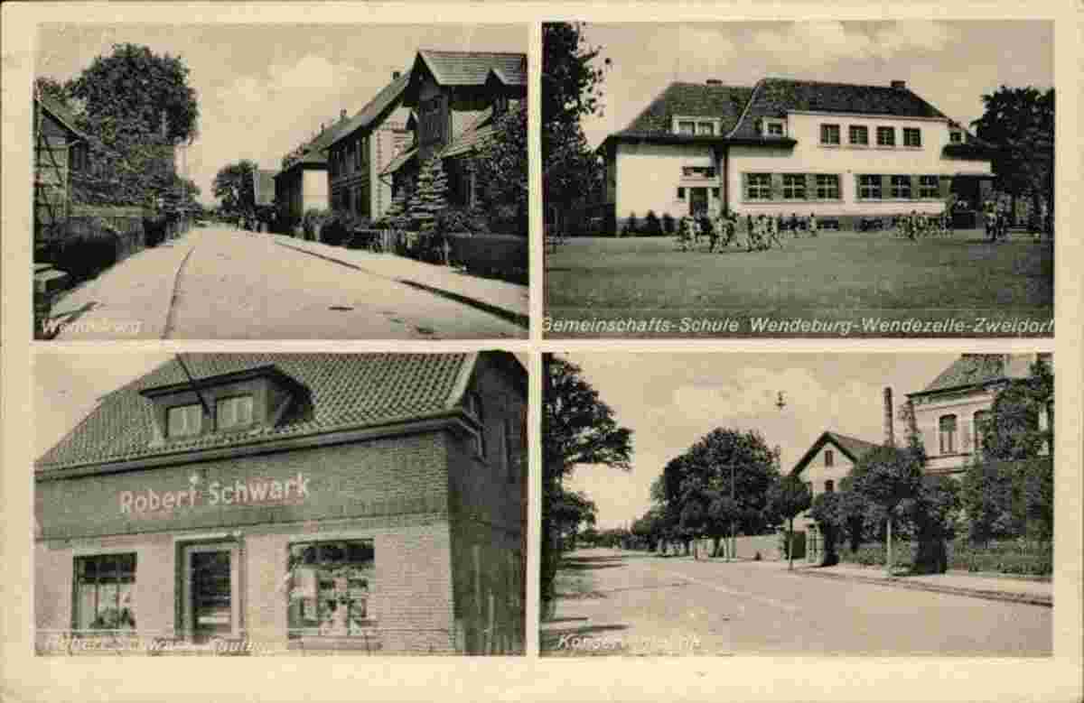 Wendeburg. Gemeinschaftsschule, Kaufhaus von Robert Schwark, Konservenfabrik, 1949
