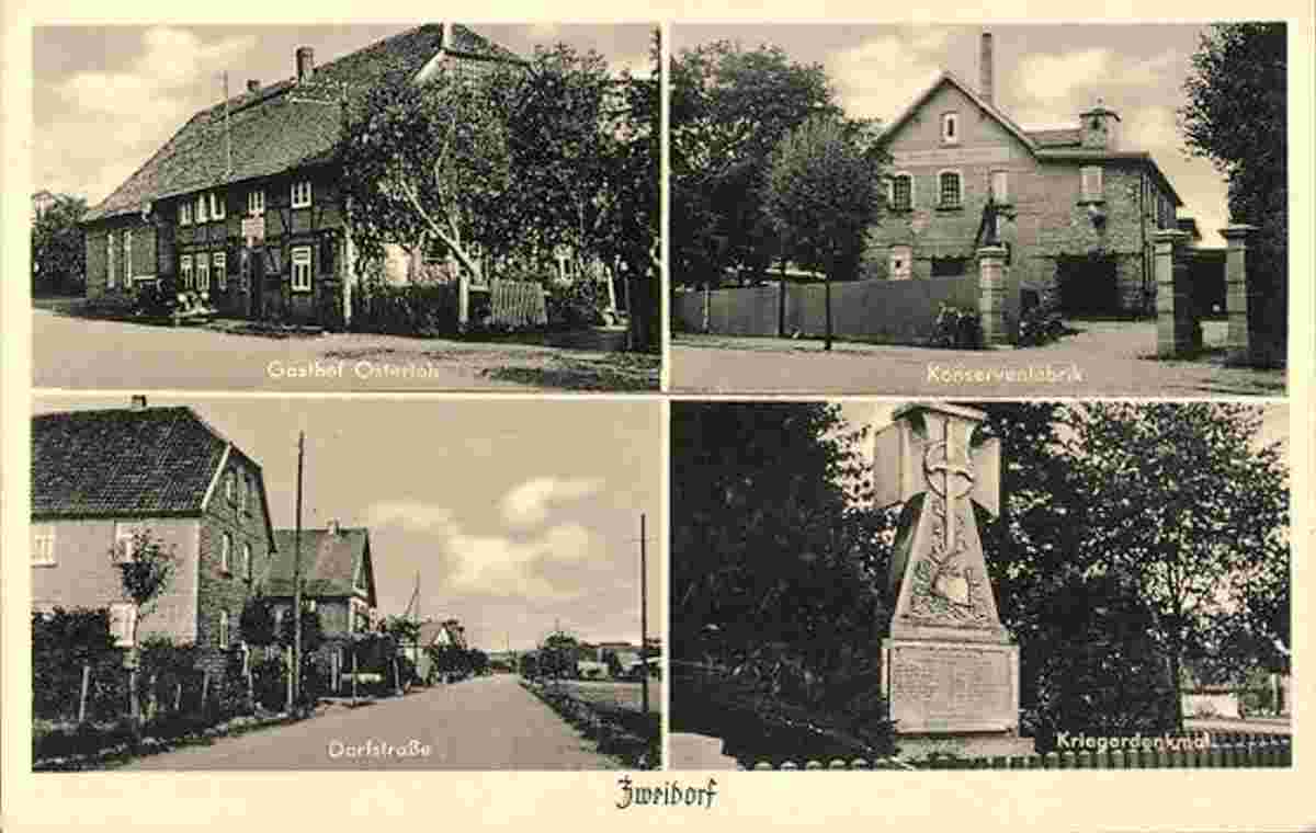 Wendeburg. Zweidorf - Gasthof Osterloh, Konservenfabrik, Dorfstrasse und Kriegerdenkmal