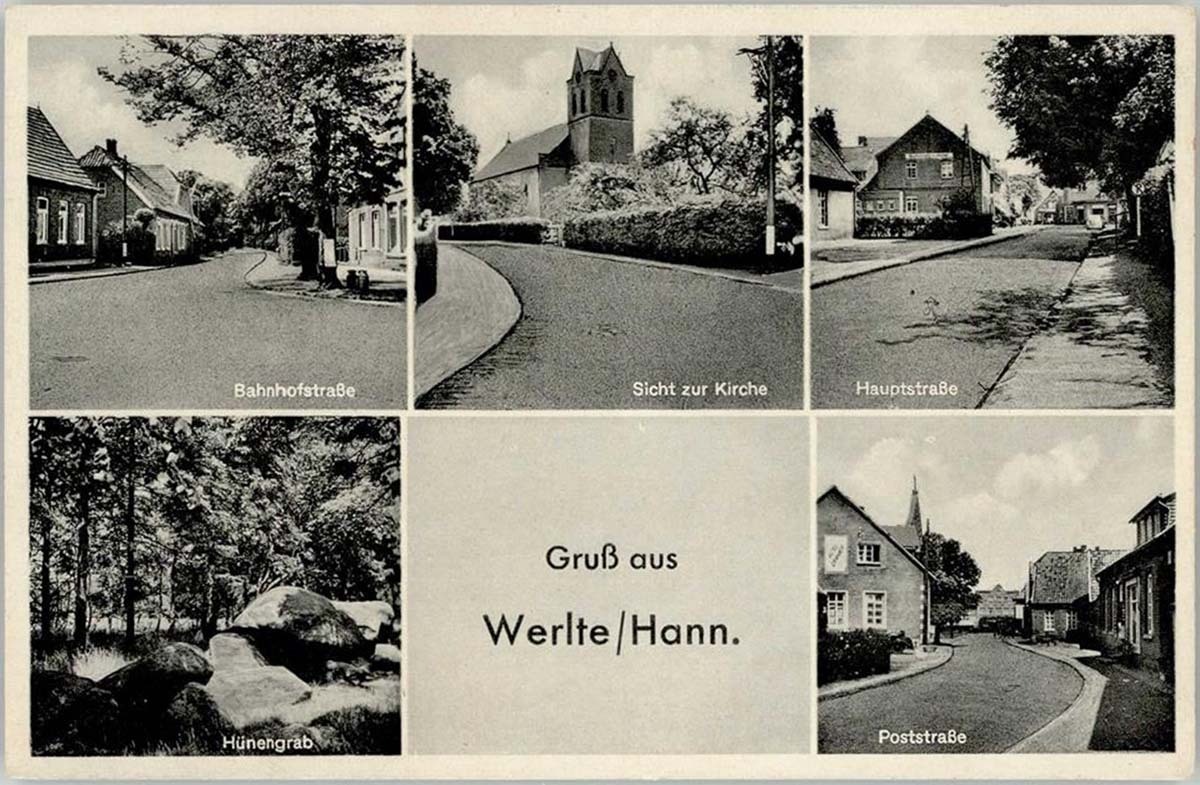 Werlte. Bahnhofstraße, Kirche, Hauptstraße, Poststraße, Hünengräber