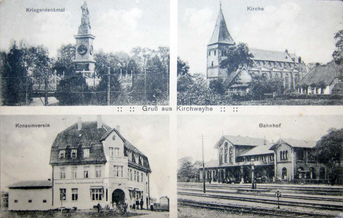 Weyhe. Kirchweyhe - Kriegerdenkmal, Kirche, Konsumverein, Bahnhof, 1917