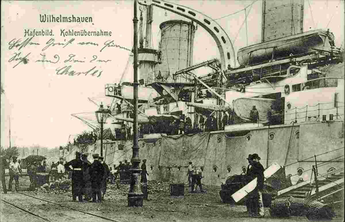 Wilhelmshaven. Dampfer - Hafenbild, Kohle Übernahme, 1907