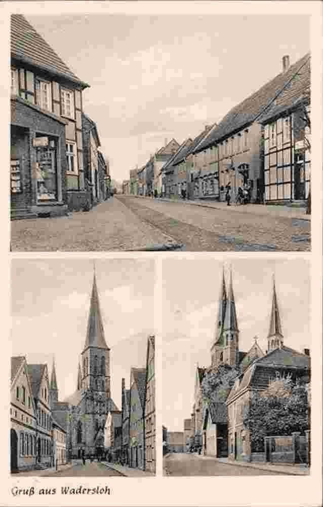 Wadersloh. Blick auf Straßen und Kirche, 1951