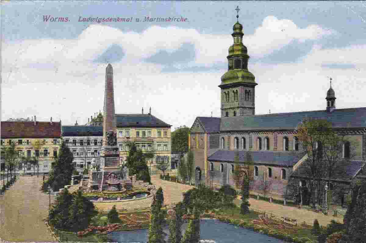 Worms. Ludwigsplatz - Ludwigsdenkmal und Martinskirche