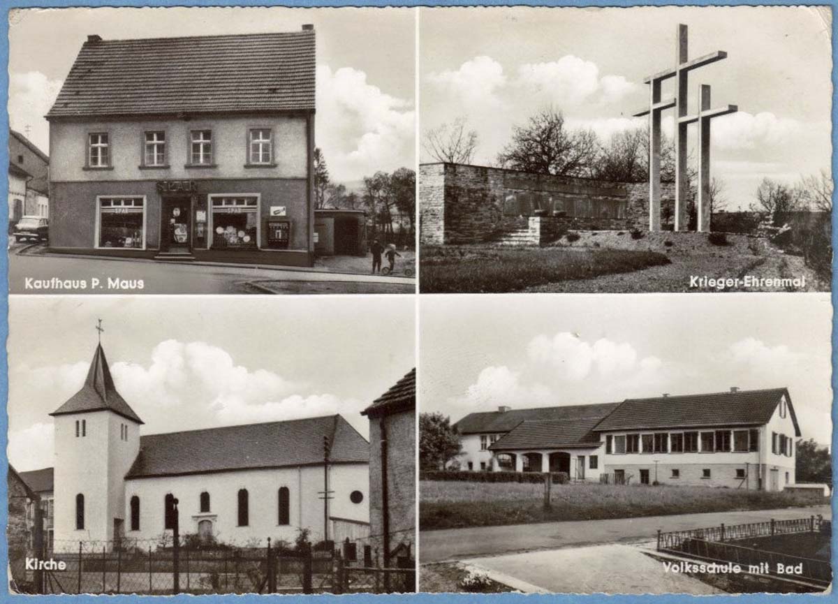 Wadern. Morscholz - Kaufhaus P. Maus, Kriegerehrenmal, Kirche, Volksschule mit Bad