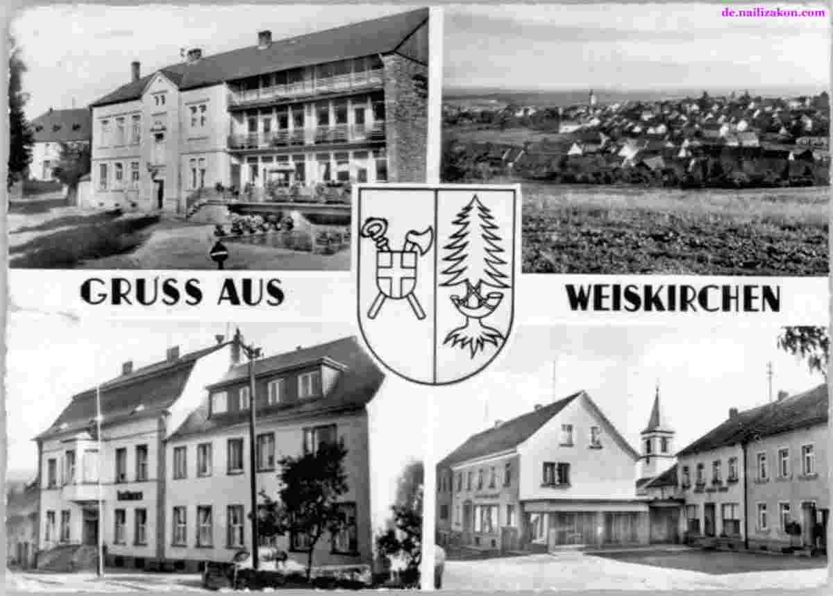 Weiskirchen. Panorama von Orts- Straßen und Gebäuden, 1960