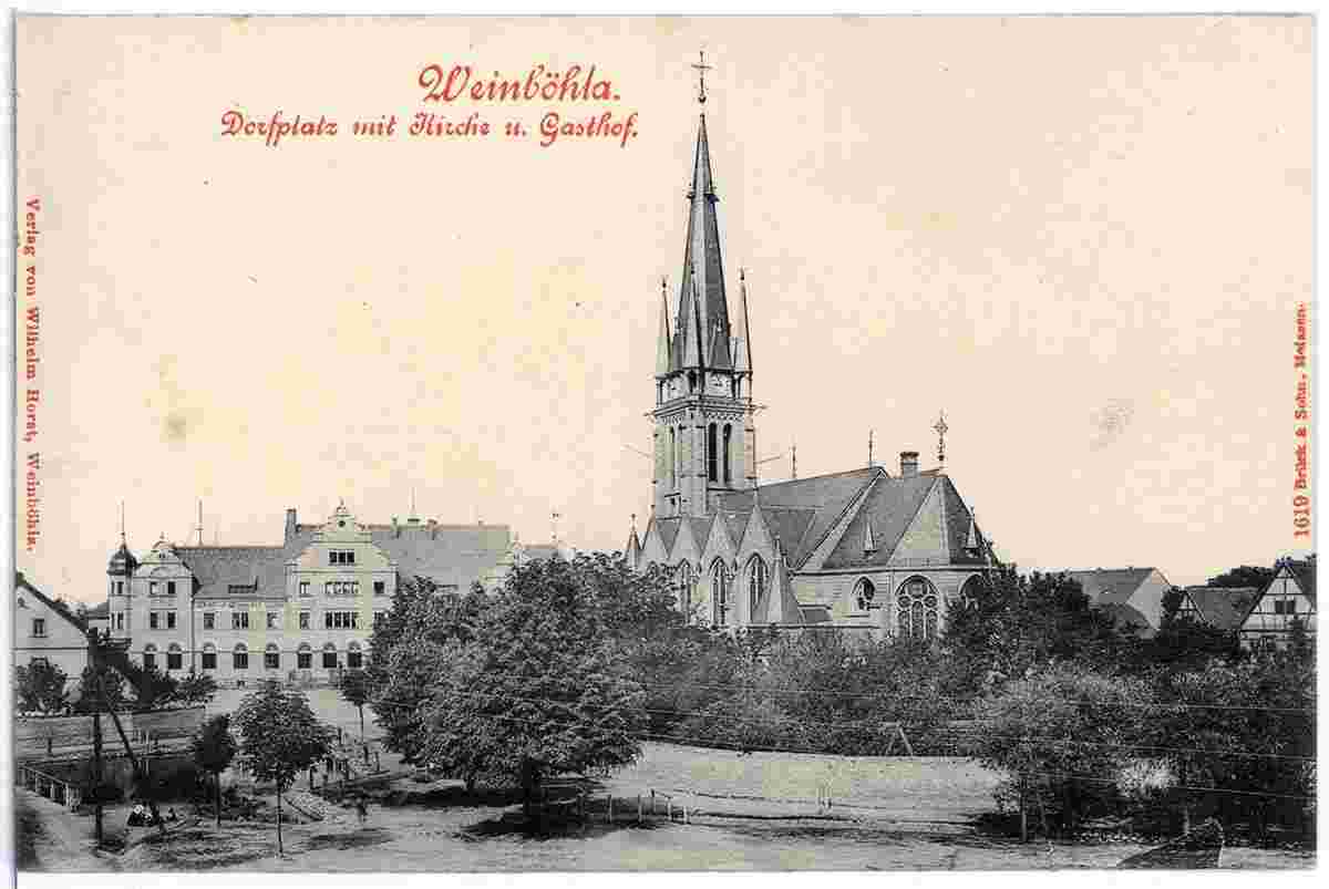 Weinböhla. Dorfplatz mit Kirche und Gasthof, 1901