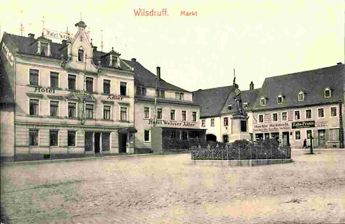 Wilsdruff. Hotel Weisser Adler und Denkmal am Markt, 1916