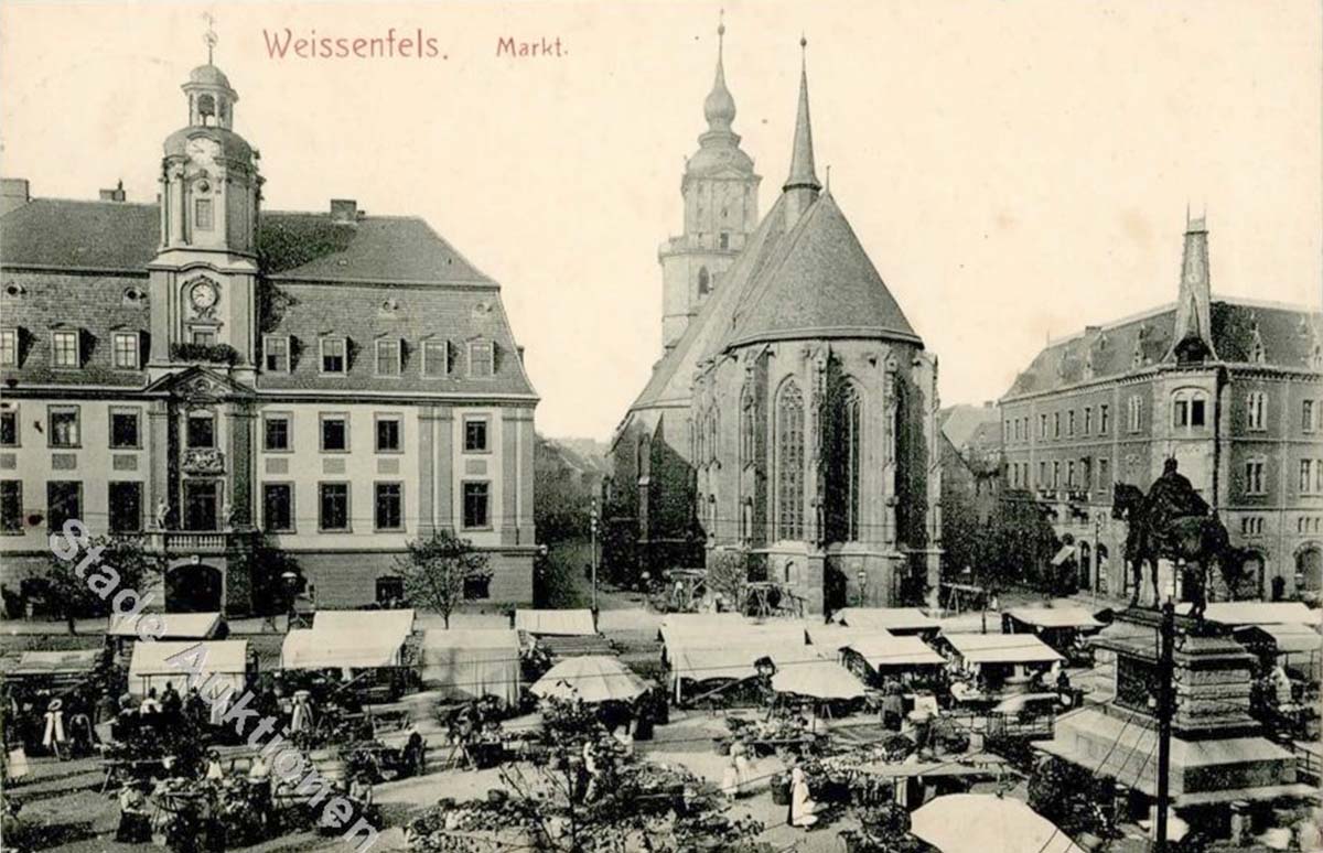 Weißenfels. Marktleben, Rathaus und Marienkirche