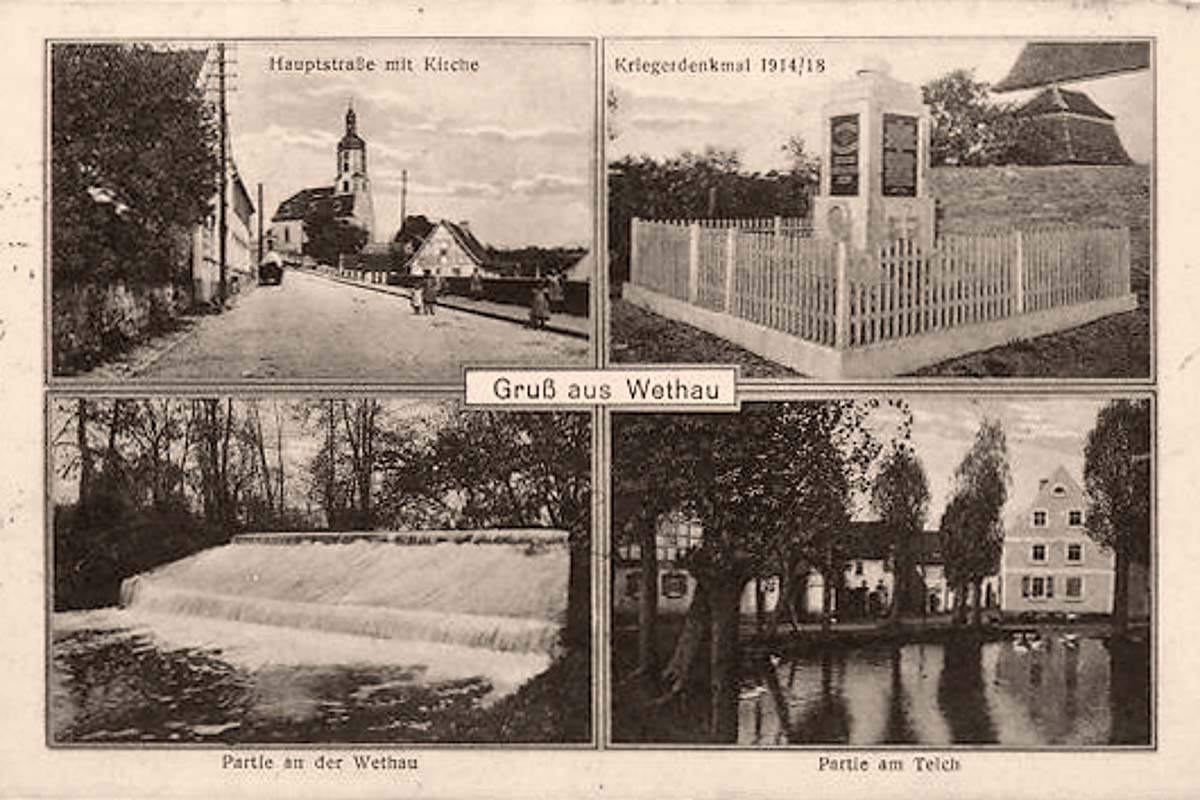 Wethau. Hauptstrasse mit Kirche, Kriegerdenkmal, fluss Wethau, Teich, 1932