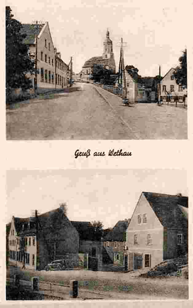 Wethau. Hauptstrasse mit Kirche, Blick zur strasse