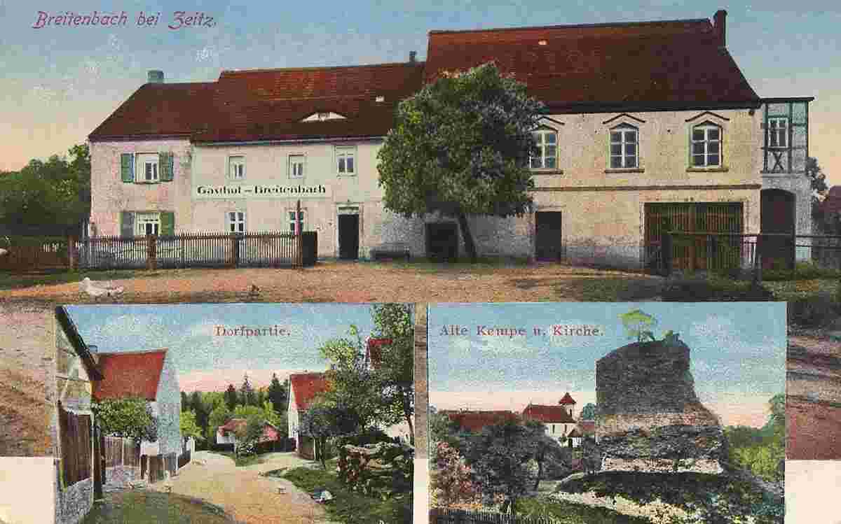 Wetterzeube. Breitenbach - Gasthof, Blick zur dorfstraße, alte Kempe und Kirche, 1928