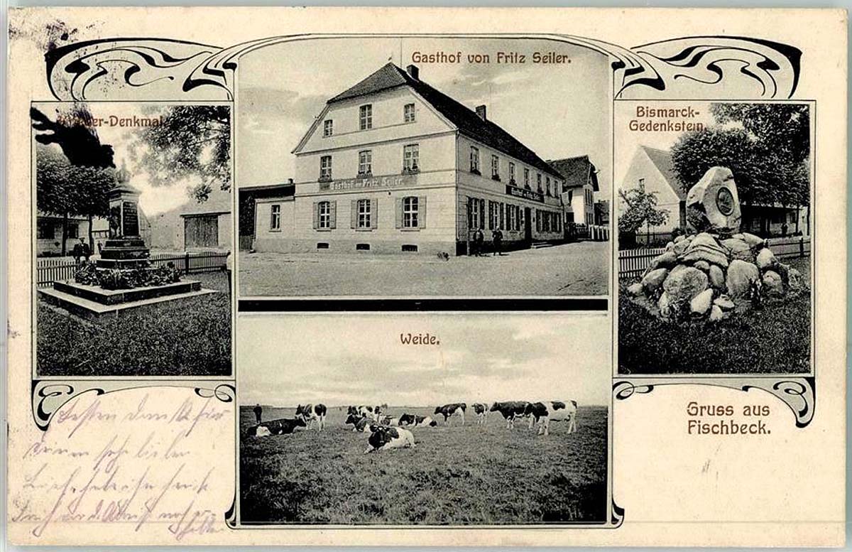 Wust-Fischbeck. Fischbeck - Kriegerdenkmal, Gasthaus von Fritz Seiler
