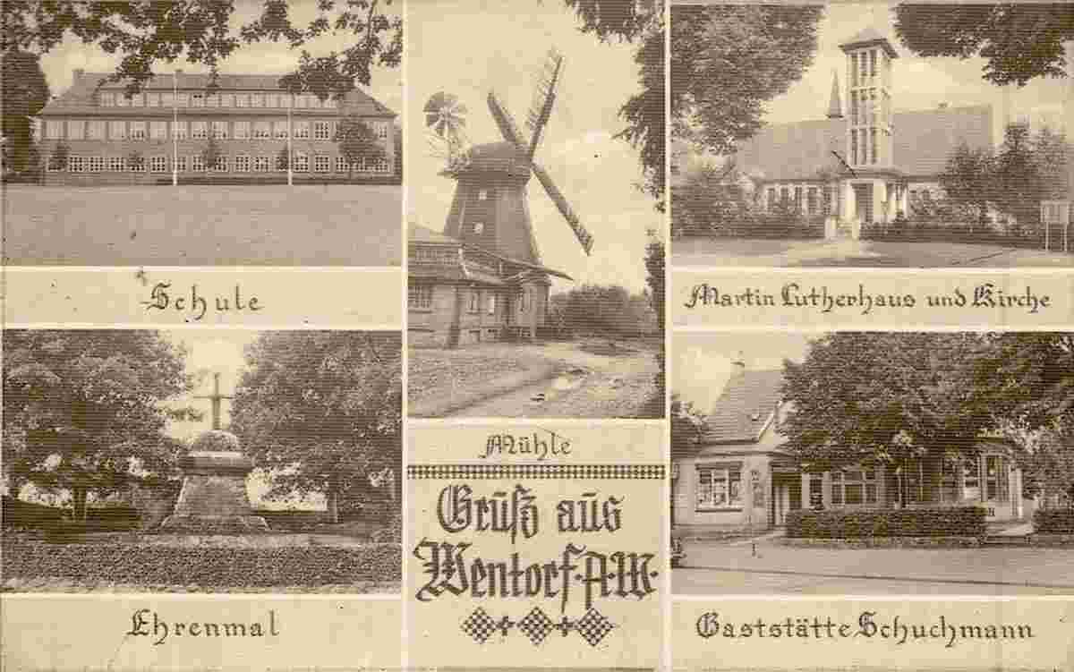 Wentorf bei Hamburg. Schule, Mühle, Kirche, Ehrenmal und Gaststätte Schuchmann, 1940er