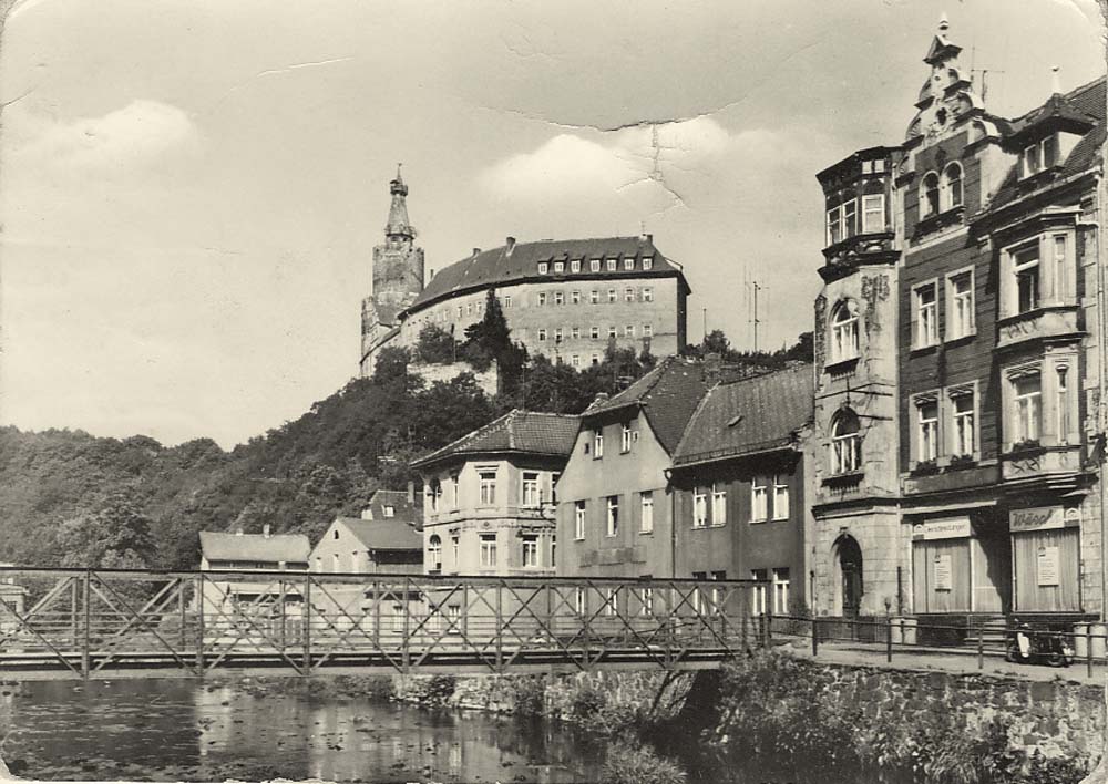 Weida. Panorama von Brücke und Schloß Osterburg
