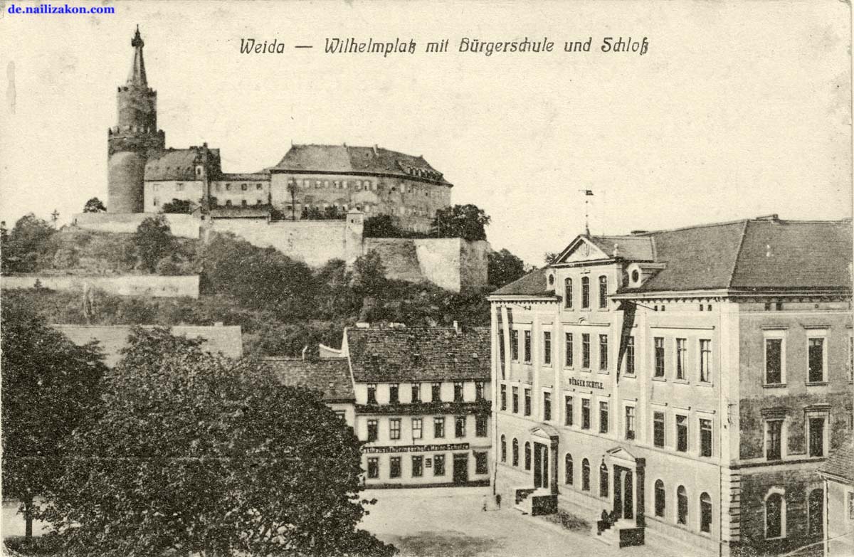 Weida. Wilhelmplatz mit Bürgerschule und Gasthaus 'Thüringer Hof'