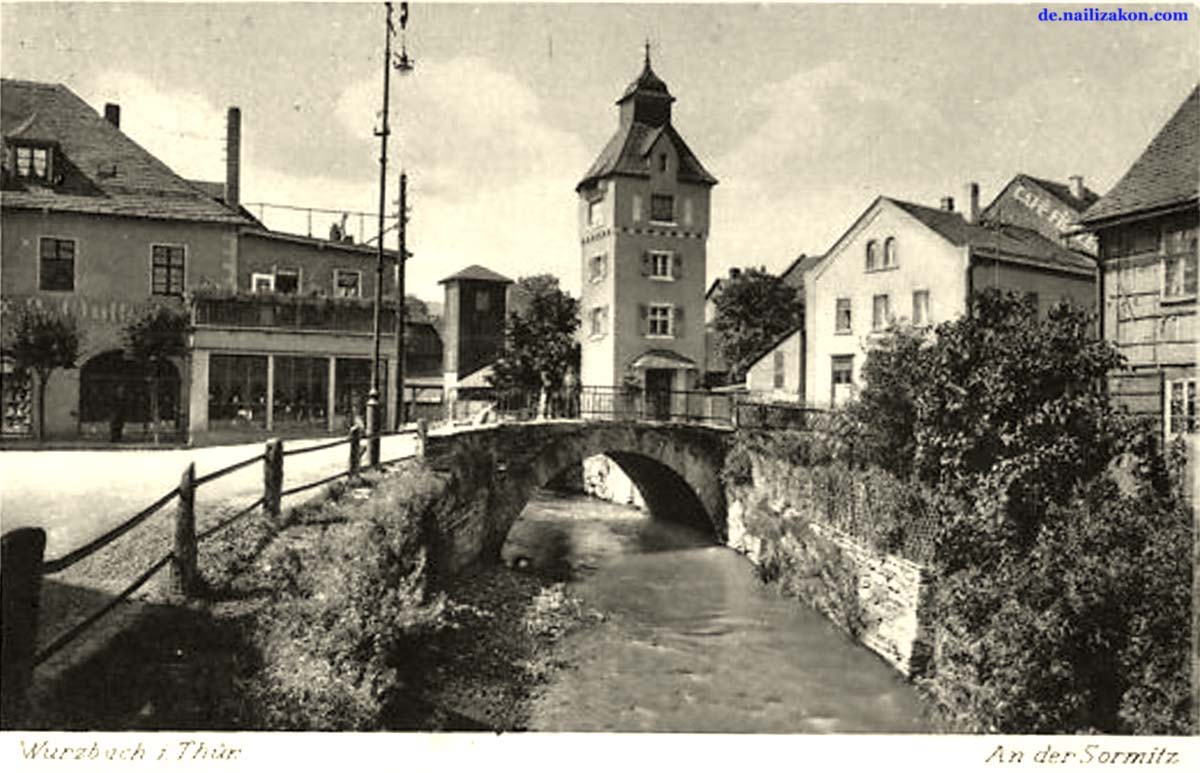 Wurzbach. Panorama von Stadtstraße, Turm und fluss Sormitz, 1920