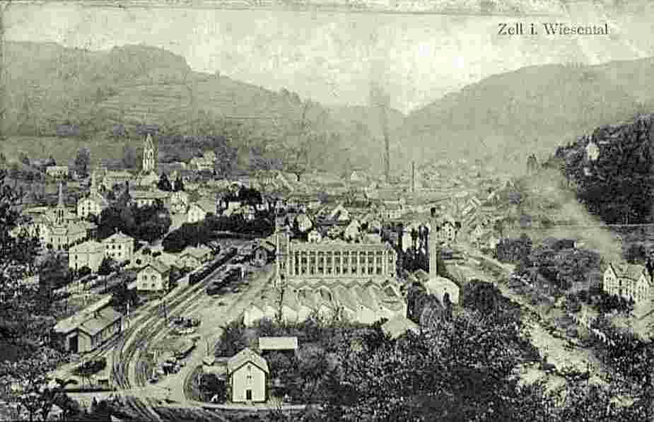 Zell im Wiesental. Bahnhof und Fabrikgebäude, 1908