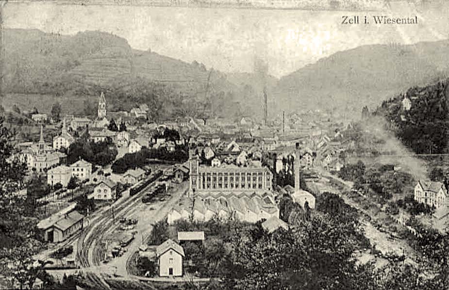 Zell im Wiesental. Bahnhof und Fabrikgebäude, 1908