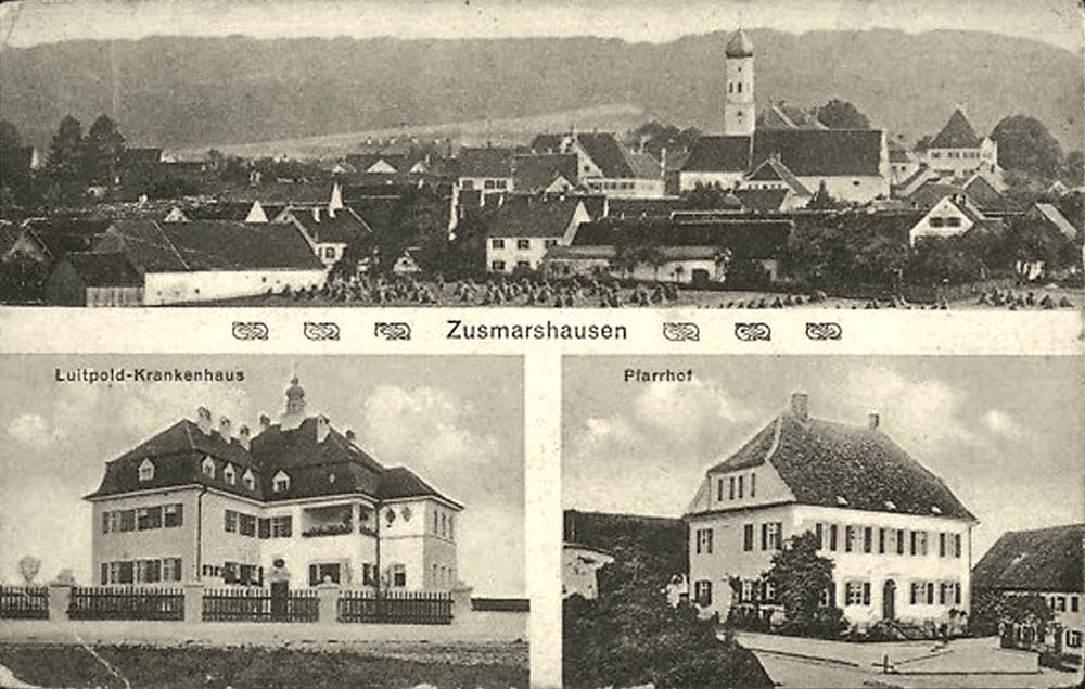Zusmarshausen. Panorama von Stadt, Luitpold-Krankenhaus, Pfarrhof