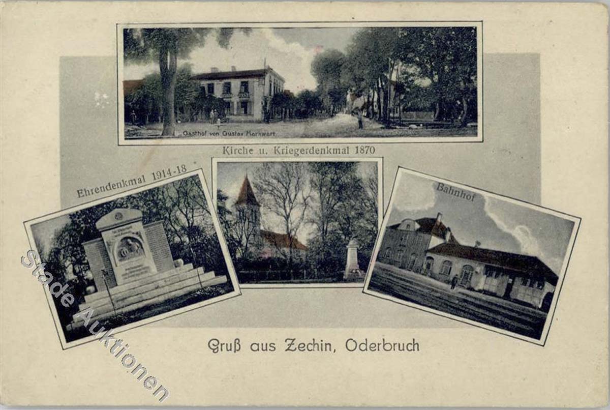 Zechin. Kirche und Kriegerdenkmal, Bahnhof
