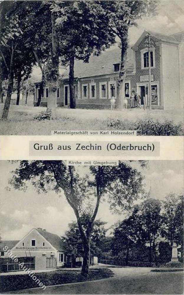 Zechin. Material Geschäft von Karl Holzendorf, Kirche Gasthaus