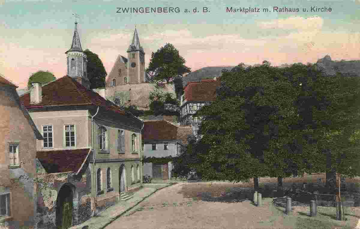 Zwingenberg. Marktplatz mit Rathaus und Kirche, 1912