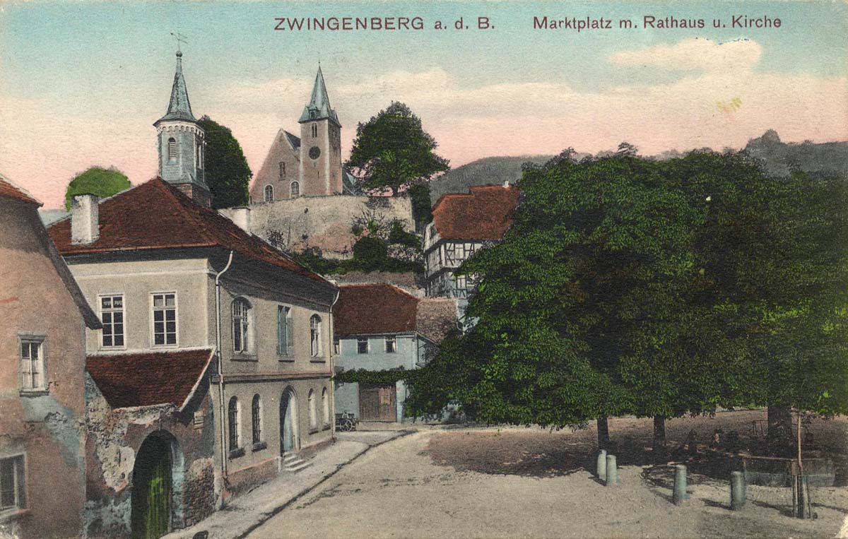 Zwingenberg (Bergstraße). Marktplatz mit Rathaus und Kirche, 1912