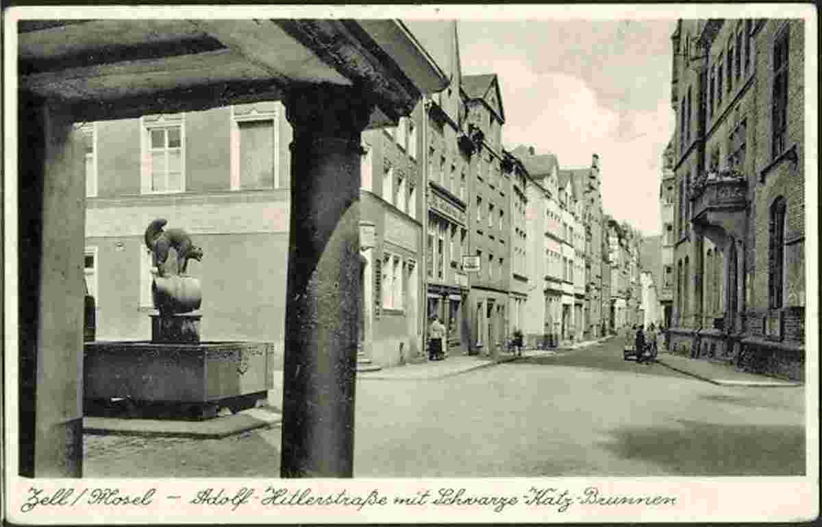 Zell. Adolf-Hitler Straße mit 'Schwarze Katz' brunnen, 1940